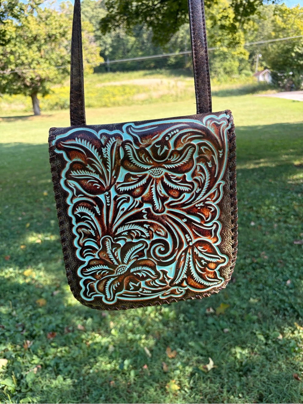 Hand-Tooled Floral Leather Crossbody Bag in Turquoise and Brown